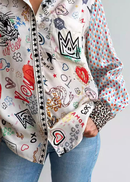 New Green Button Print Patchwork Cotton Blouses Spring Ff103