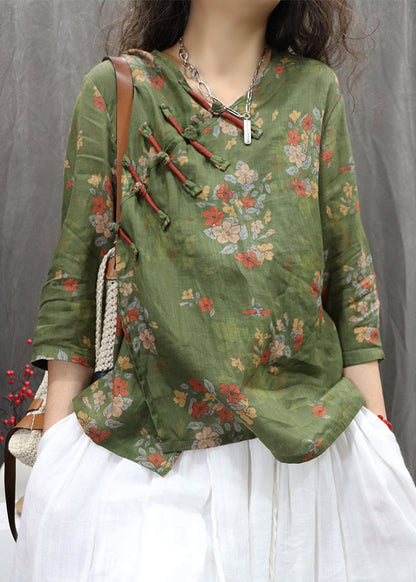 Linen Bracelet Blouses Button Sleeve Green New Print Chinese