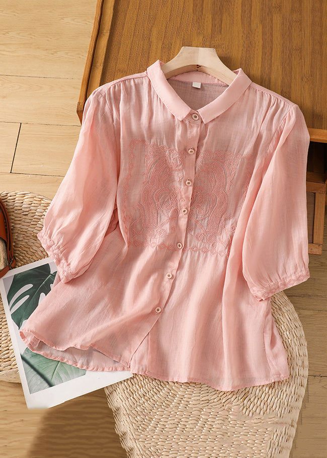 New Green Embroidered Button Linen Blouse Half Sleeve Gg030