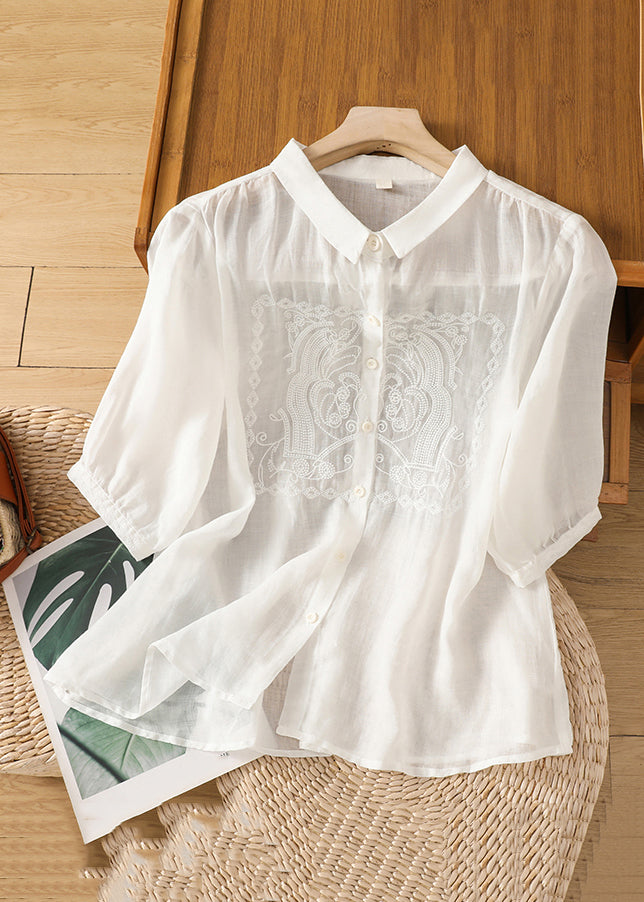 New Green Embroidered Button Linen Blouse Half Sleeve Gg030