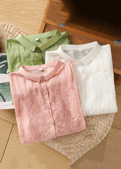New Green Embroidered Button Linen Blouse Half Sleeve Gg030