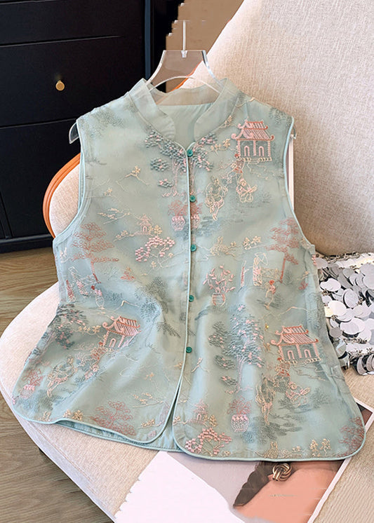 New Green Embroidered Button Tulle Waistcoat Sleeveless Jh061