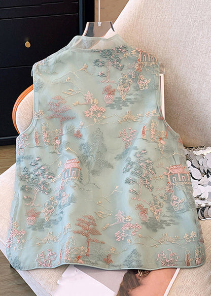 New Green Embroidered Button Tulle Waistcoat Sleeveless Jh061