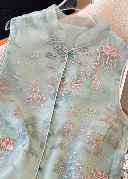 New Green Embroidered Button Tulle Waistcoat Sleeveless Jh061