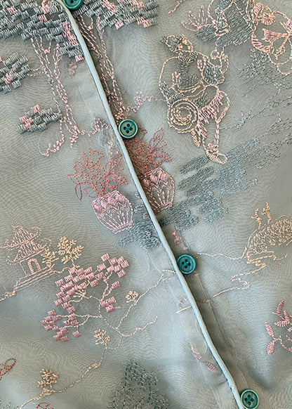 New Green Embroidered Button Tulle Waistcoat Sleeveless Jh061