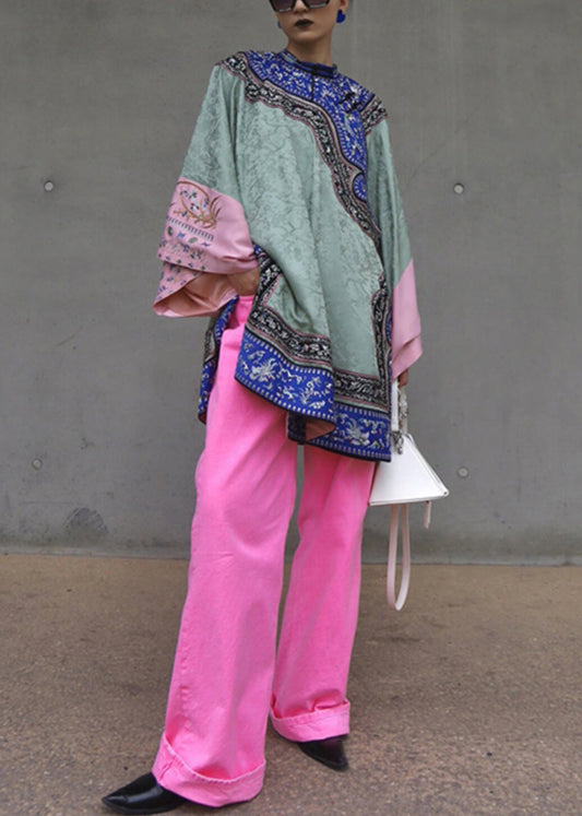 New Green Embroidered Tops and Pink Pants Cotton Two Pieces Set Spring Ab1054