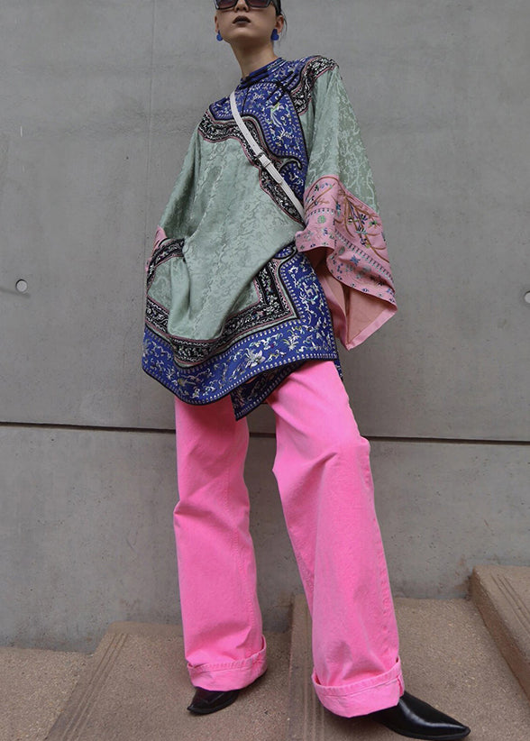 New Green Embroidered Tops and Pink Pants Cotton Two Pieces Set Spring Ab1054