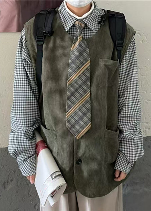 New Green O Neck Button Pockets Corduroy Waistcoat Spring Rn010