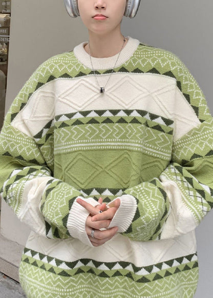 New Green O Neck Cozy Patchwork Knit Sweaters Fall Qh032