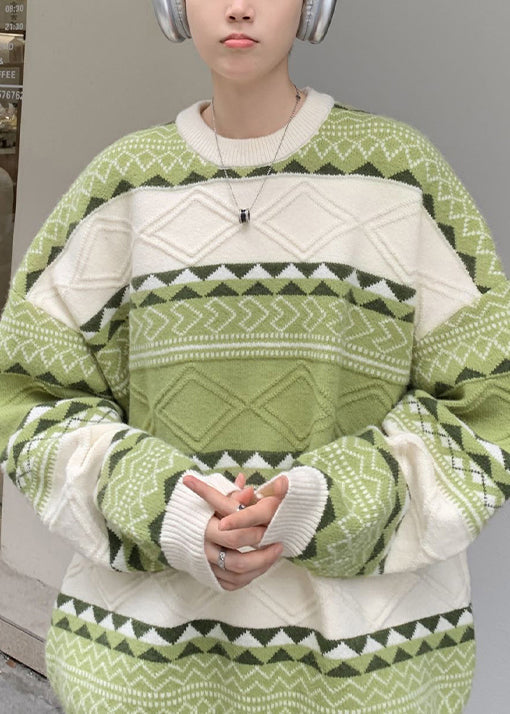 New Green O Neck Cozy Patchwork Knit Sweaters Fall Qh032