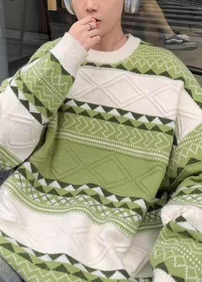 New Green O Neck Cozy Patchwork Knit Sweaters Fall Qh032