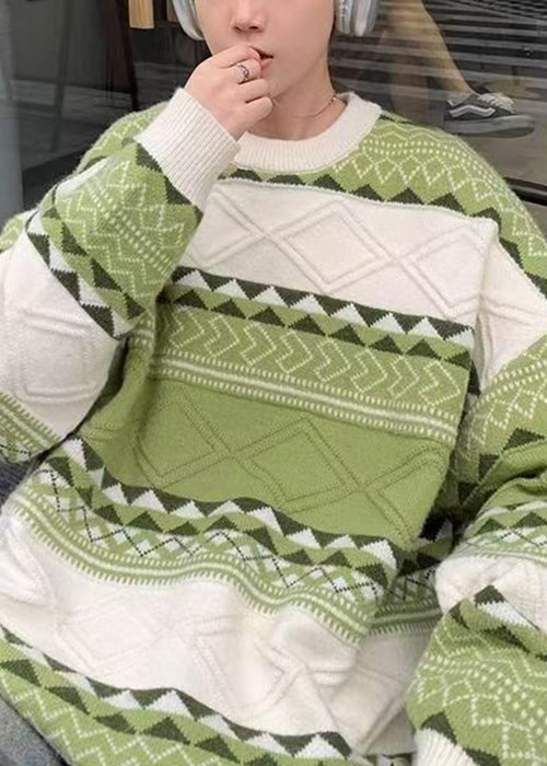 New Green O Neck Cozy Patchwork Knit Sweaters Fall Qh032