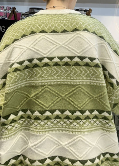 New Green O Neck Cozy Patchwork Knit Sweaters Fall Qh032