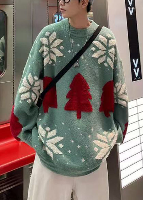 New Green O Neck Cozy Patchwork Knit Sweaters Fall Qh036