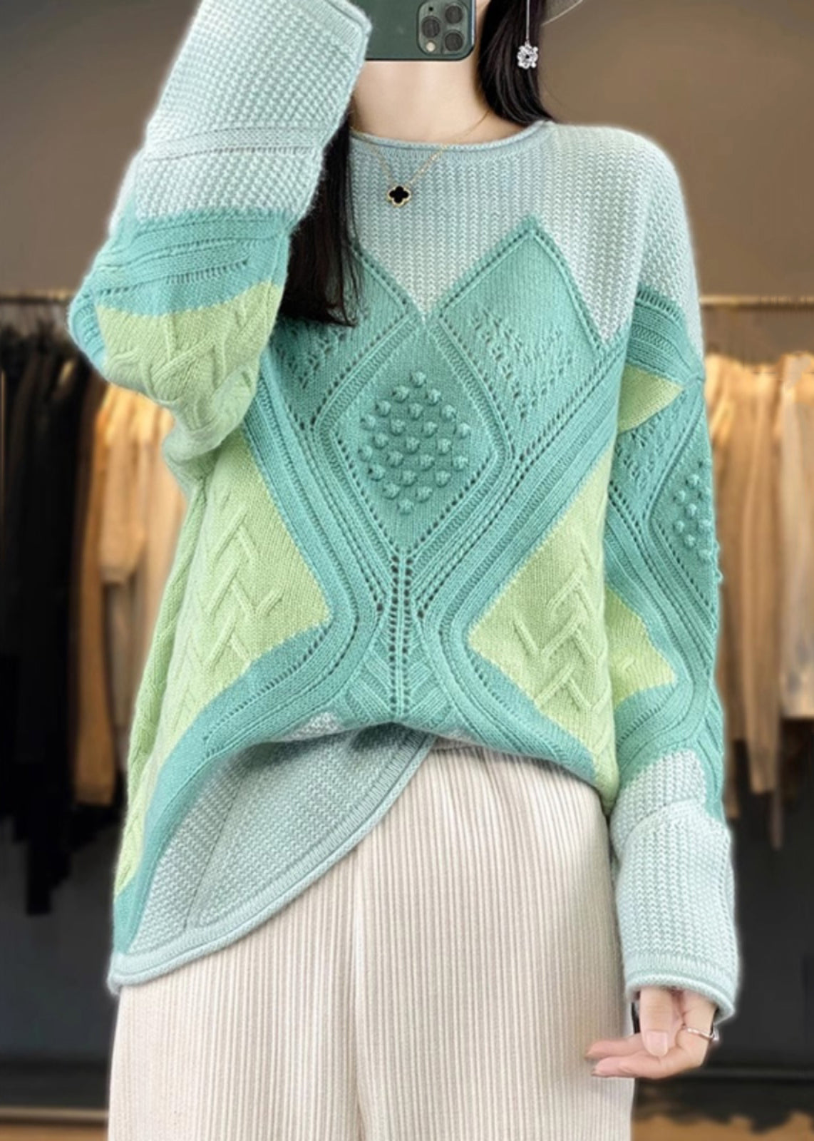 New Green O-neck Patchwork Woolen Knit Sweater Spring Yw044