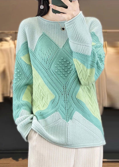 New Green O-neck Patchwork Woolen Knit Sweater Spring Yw044
