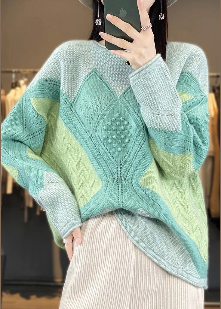 New Green O-neck Patchwork Woolen Knit Sweater Spring Yw044