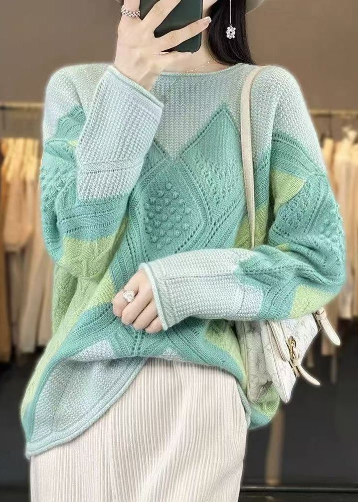 New Green O-neck Patchwork Woolen Knit Sweater Spring Yw044