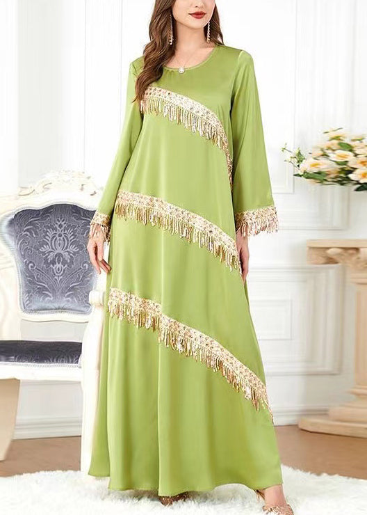 New Green O-neck Tasseled Cotton Long Dress Spring Aa1036