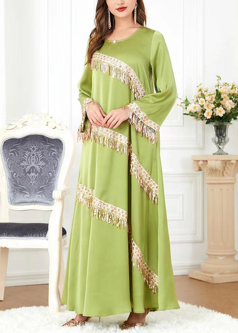 New Green O-neck Tasseled Cotton Long Dress Spring Aa1036
