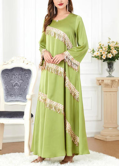 New Green O-neck Tasseled Cotton Long Dress Spring Aa1036