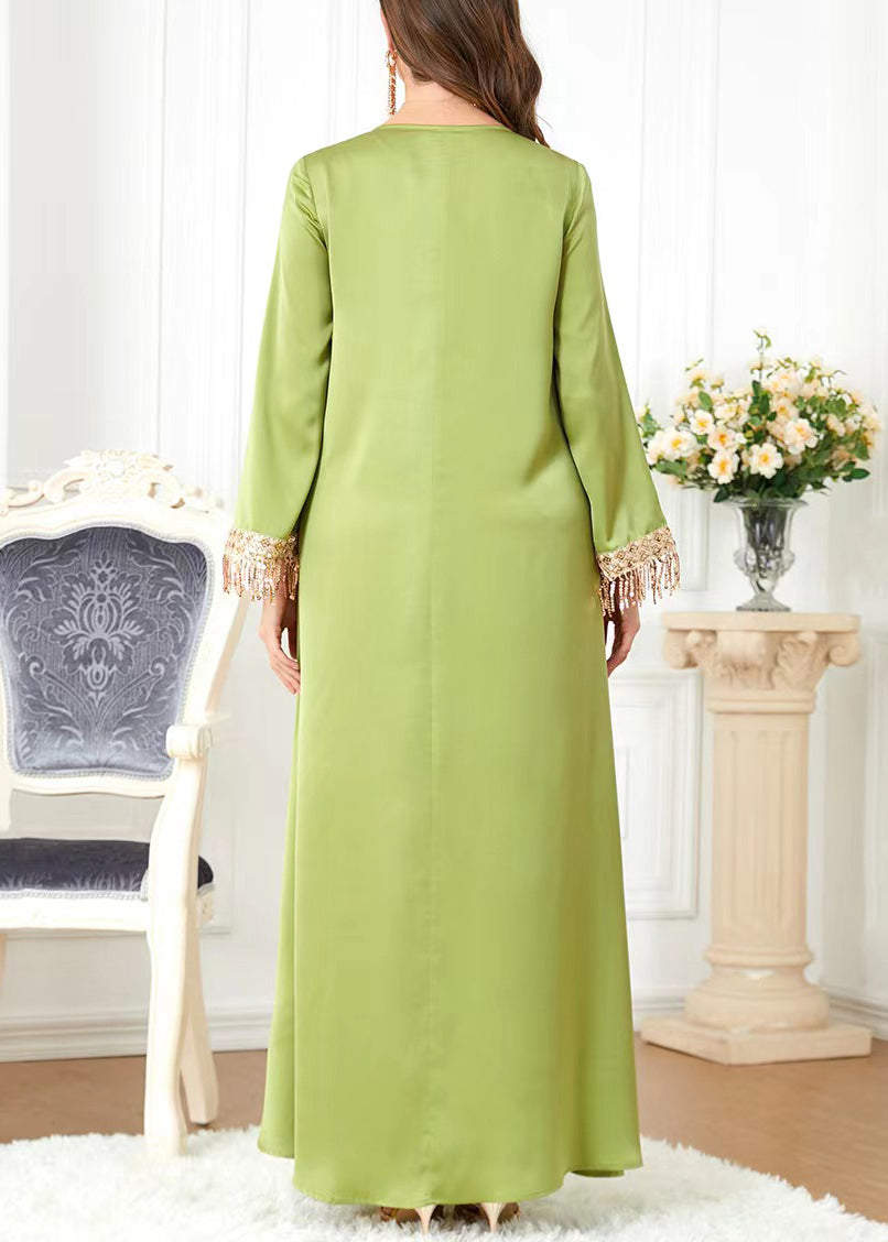 New Green O-neck Tasseled Cotton Long Dress Spring Aa1036