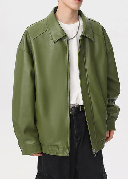 New Green Peter Pan Collar Zippered Faux Leather Coat Spring Rn032