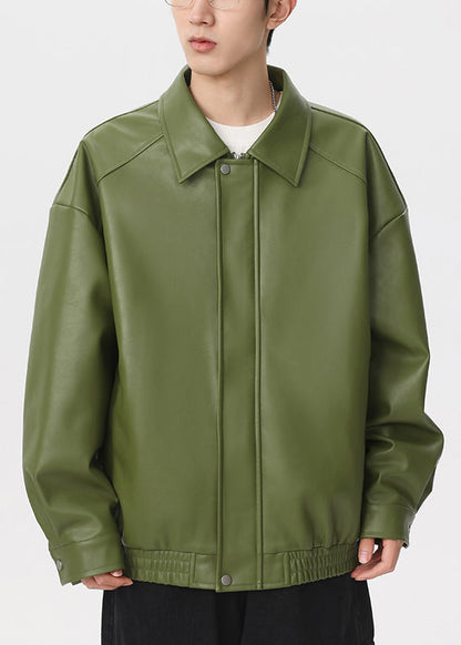 New Green Peter Pan Collar Zippered Faux Leather Coat Spring Rn032