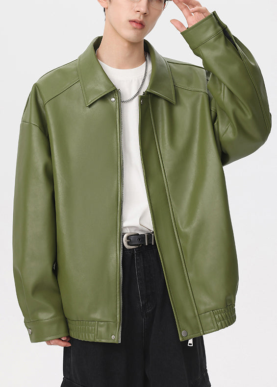 New Green Peter Pan Collar Zippered Faux Leather Coat Spring Rn032