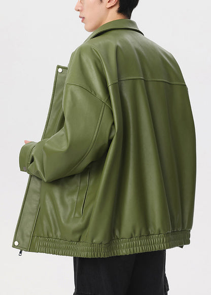 New Green Peter Pan Collar Zippered Faux Leather Coat Spring Rn032