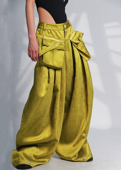 New Green Pockets High Waist Cotton Wide Leg Pants Summer Ab1053