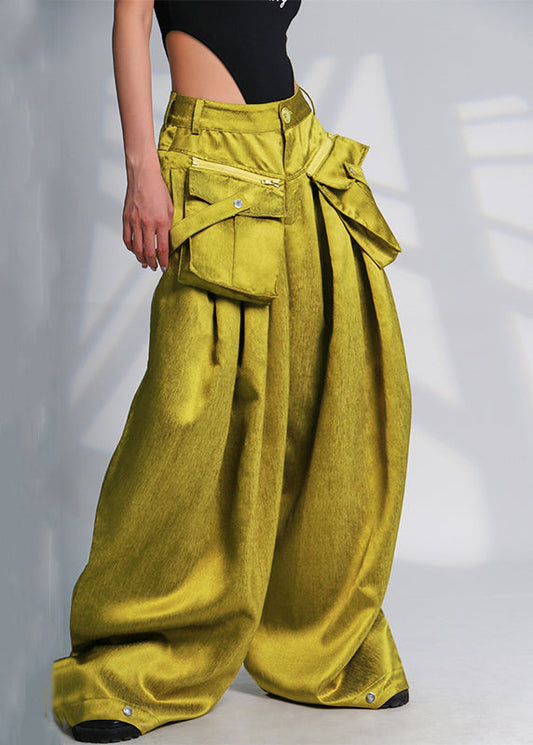 New Green Pockets High Waist Cotton Wide Leg Pants Summer Ab1053