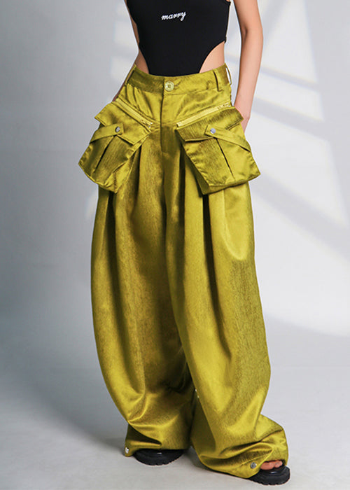 New Green Pockets High Waist Cotton Wide Leg Pants Summer Ab1053