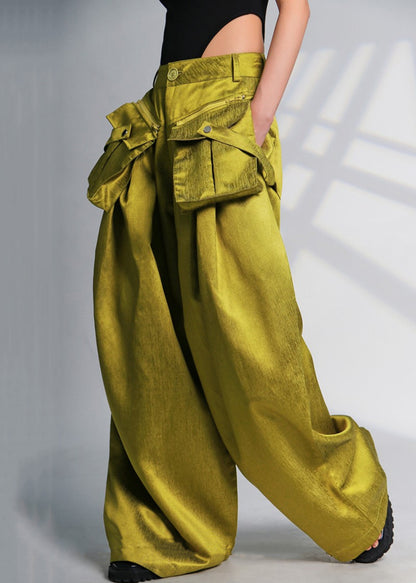 New Green Pockets High Waist Cotton Wide Leg Pants Summer Ab1053