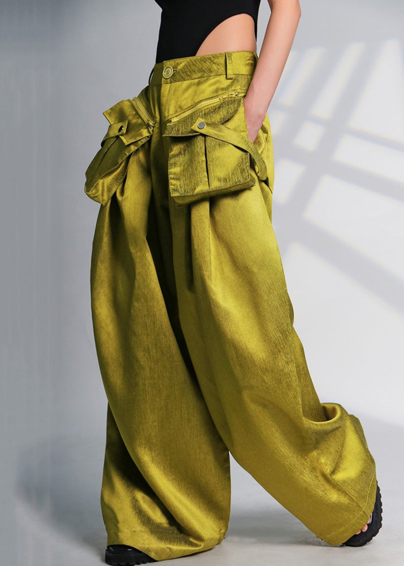 New Green Pockets High Waist Cotton Wide Leg Pants Summer Ab1053