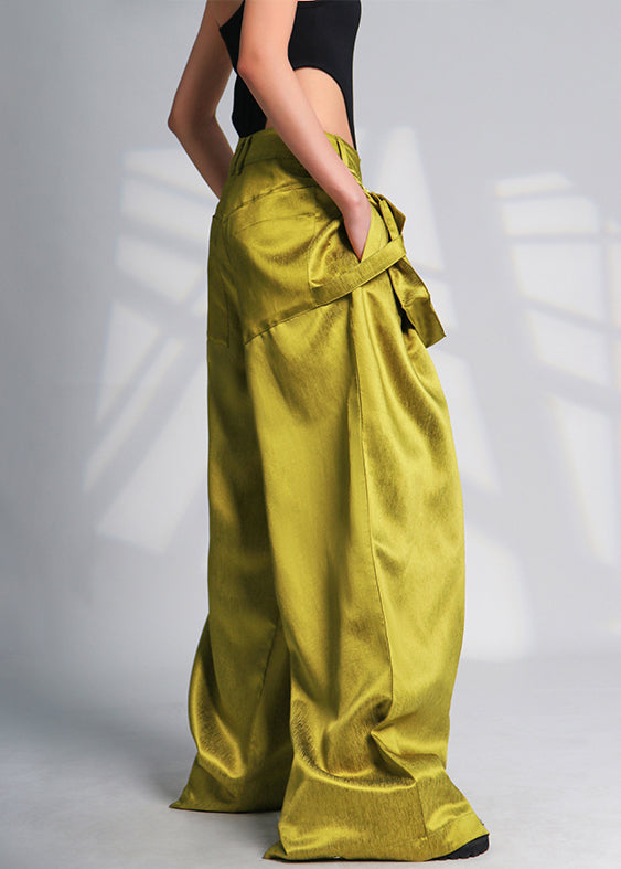New Green Pockets High Waist Cotton Wide Leg Pants Summer Ab1053
