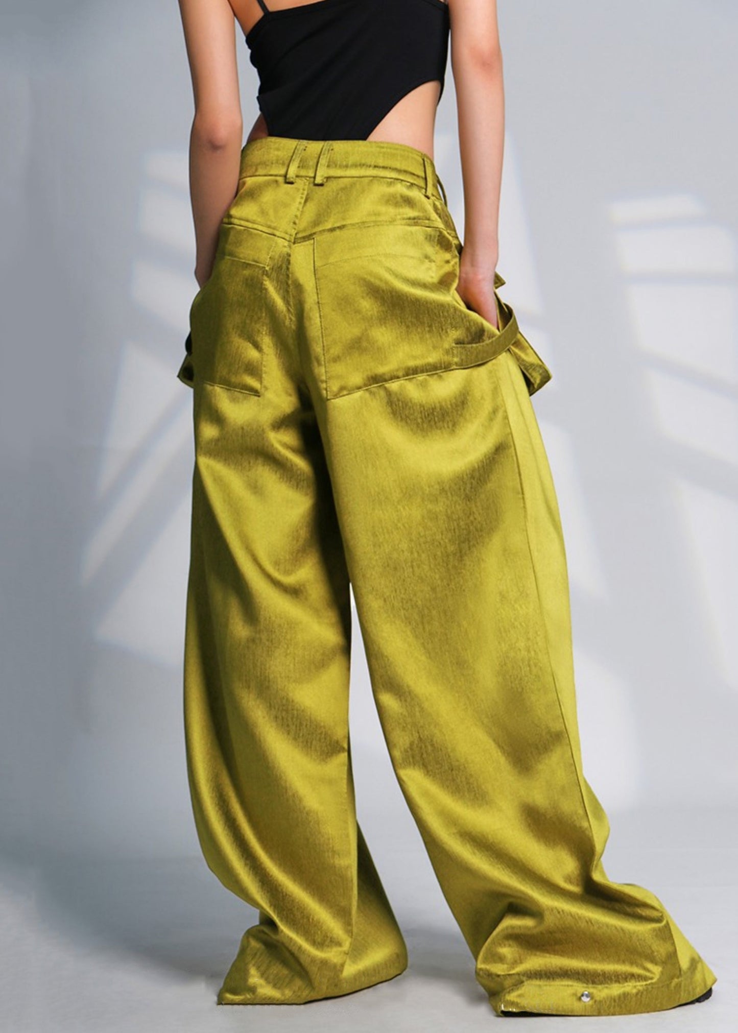 New Green Pockets High Waist Cotton Wide Leg Pants Summer Ab1053