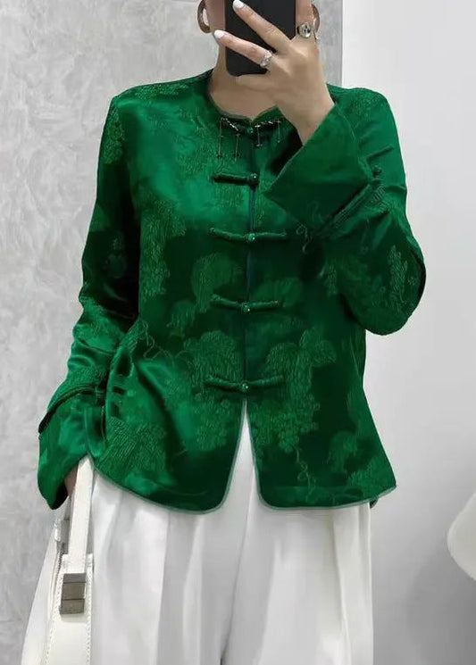 New Green Print Button Silk Shirts Coats Long Sleeve Cg1034