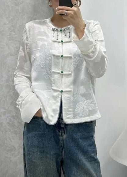 New Green Print Button Silk Shirts Coats Long Sleeve Cg1034