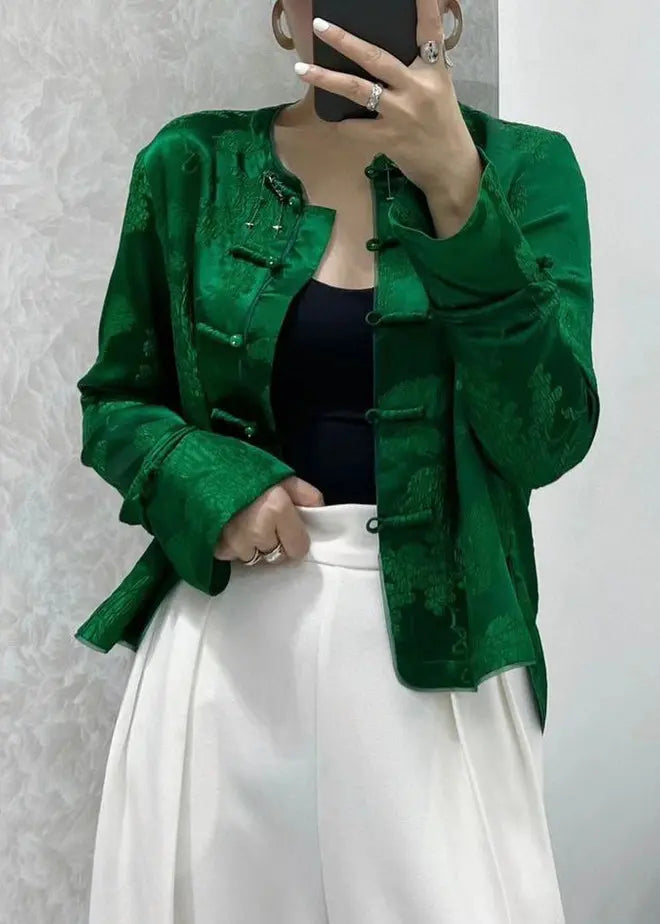New Green Print Button Silk Shirts Coats Long Sleeve Cg1034
