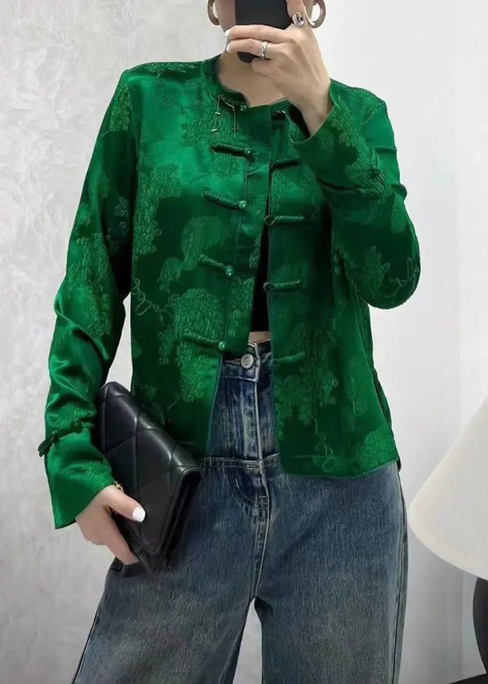 New Green Print Button Silk Shirts Coats Long Sleeve Cg1034