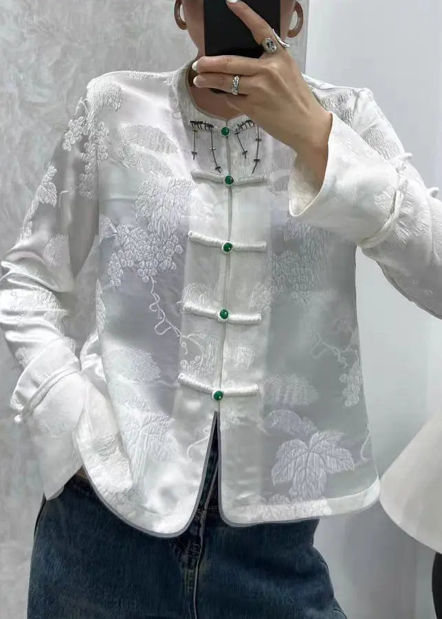 New Green Print Button Silk Shirts Coats Long Sleeve Cg1034