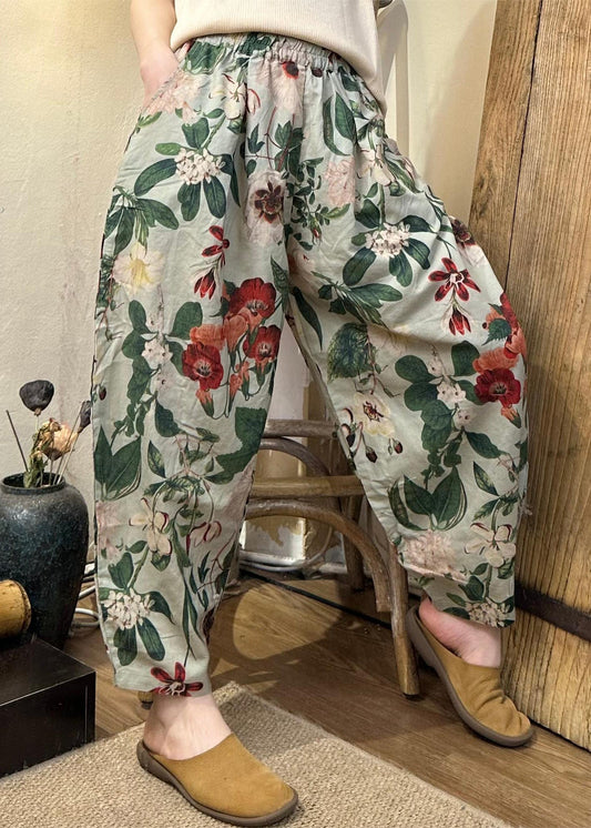 New Green Print Pockets Cotton Crop Pants Summer Jh019