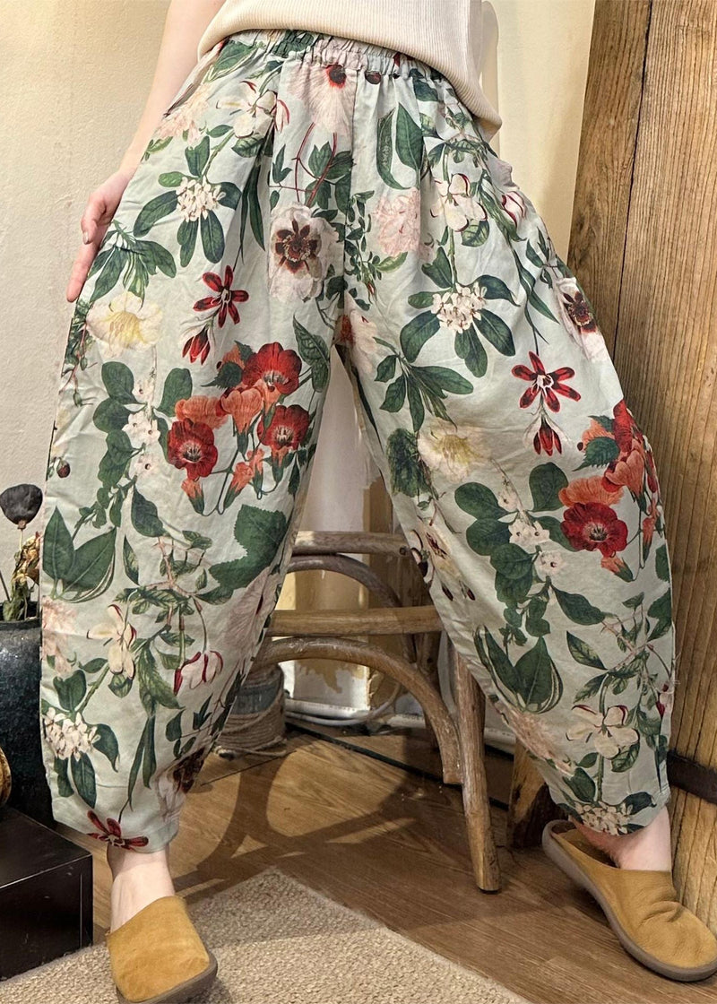 New Green Print Pockets Cotton Crop Pants Summer Jh019