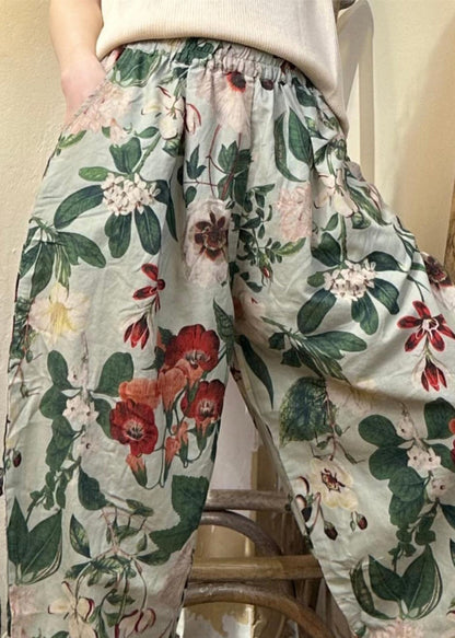 New Green Print Pockets Cotton Crop Pants Summer Jh019