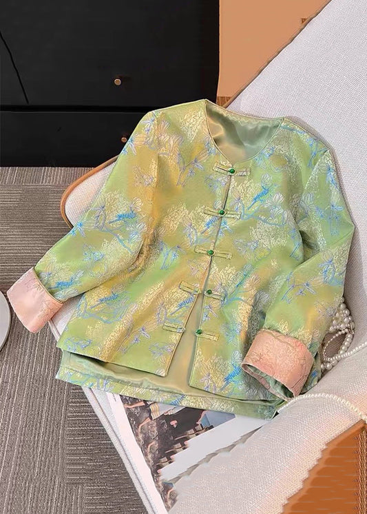 New Green Print Print Side Open Silk Coats Fall Qo016