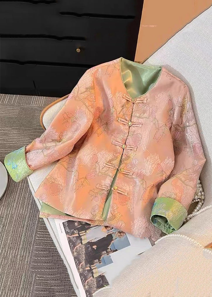 New Green Print Print Side Open Silk Coats Fall Qo016