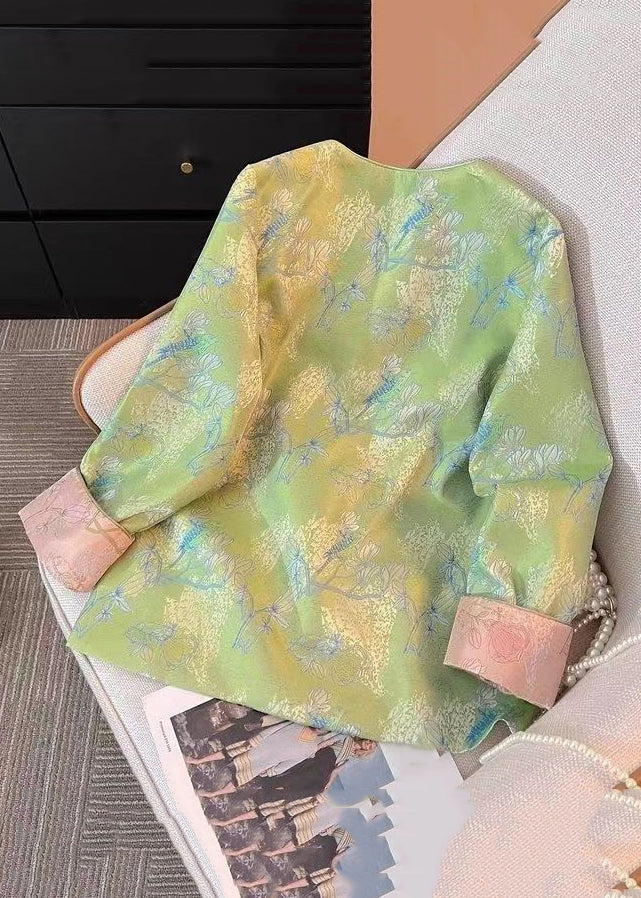 New Green Print Print Side Open Silk Coats Fall Qo016