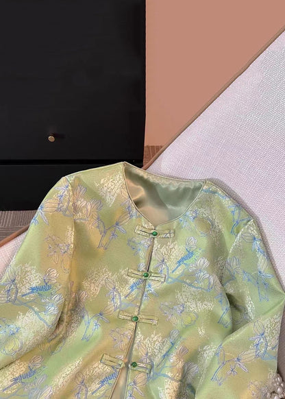 New Green Print Print Side Open Silk Coats Fall Qo016