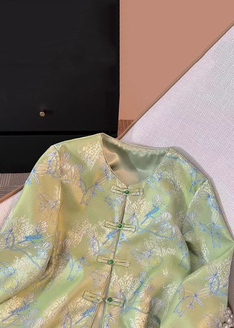 New Green Print Print Side Open Silk Coats Fall Qo016